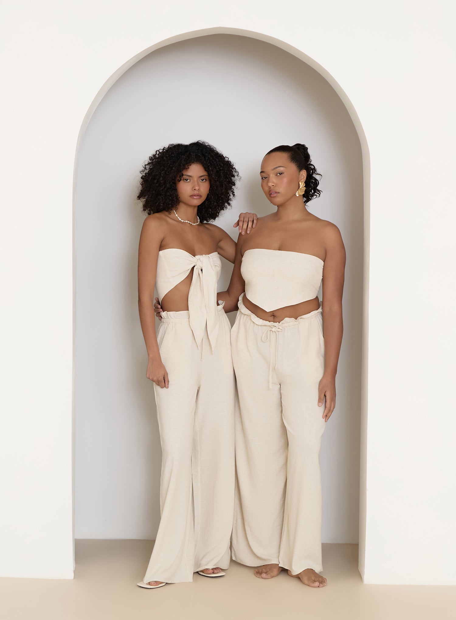 Beige Linen Drawstring Waist Trouser